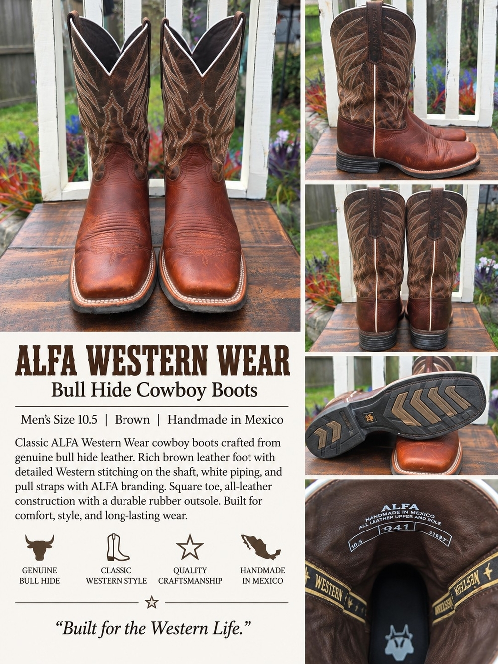 ALFA Western Wear Men’s Bull Hide Leather Cowboy Boots Brown Square Toe 10.5